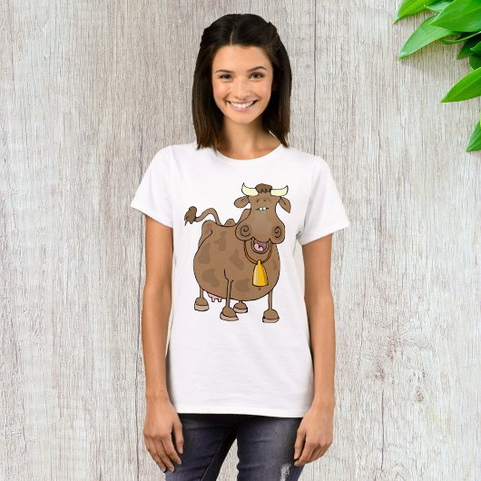 Grappige Cartoon Bruine Koe met Bell Boerderij Ani T-shirt