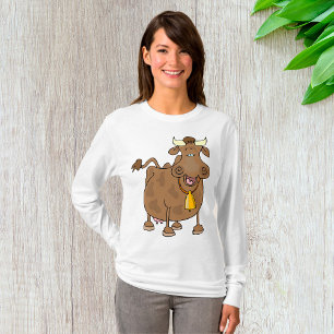 Grappige Cartoon Bruine Koe met Bell Boerderij Ani T-shirt
