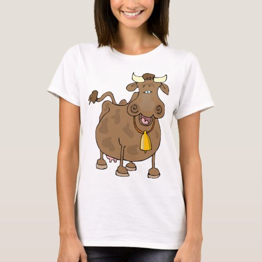 Grappige Cartoon Bruine Koe met Bell Boerderij Ani T-shirt (Voorkant)