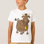 Grappige Cartoon Bruine Koe met Bell Boerderij Ani T-shirt (Voorkant)