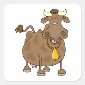 Grappige Cartoon Bruine Koe met Bell Boerderij Ani Vierkante Sticker (Voorkant)