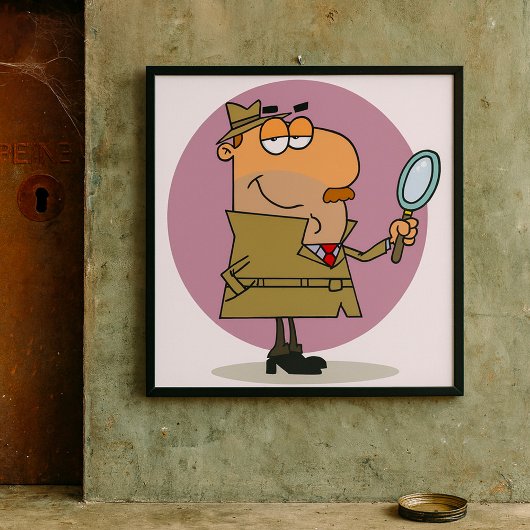 Grappige Cartoon Detective met Vergrootglas Poster