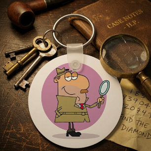 Grappige Cartoon Detective met Vergrootglas Sleutelhanger