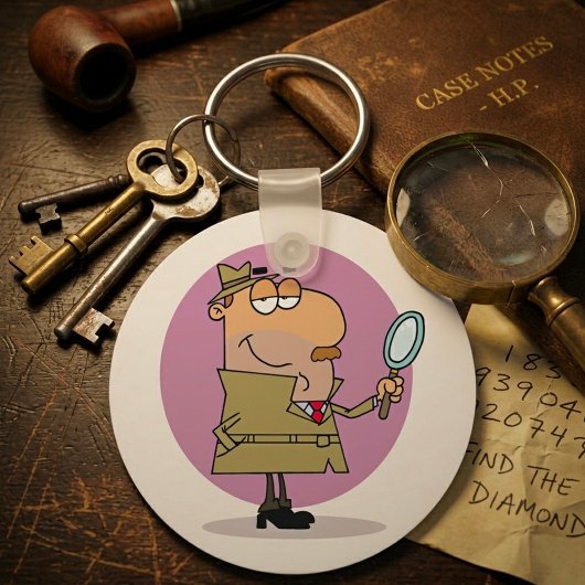 Grappige Cartoon Detective met Vergrootglas Sleutelhanger