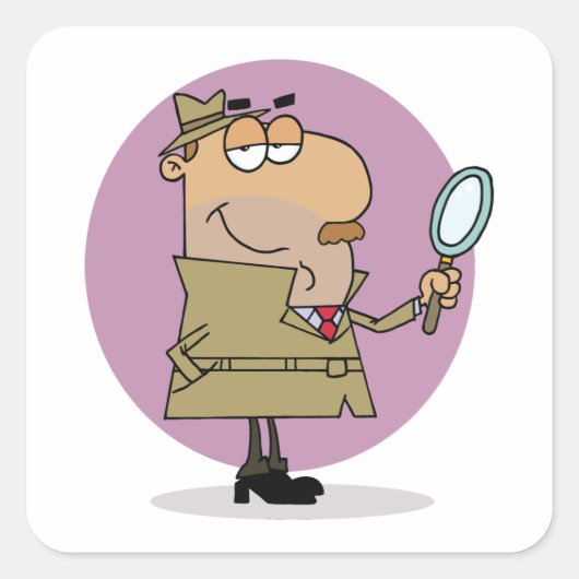 Grappige Cartoon Detective met Vergrootglas Vierkante Sticker (Voorkant)
