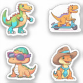 Grappige Cartoon Dinosaurus Karakter 4 Pack Sticke Sticker (Voorkant)