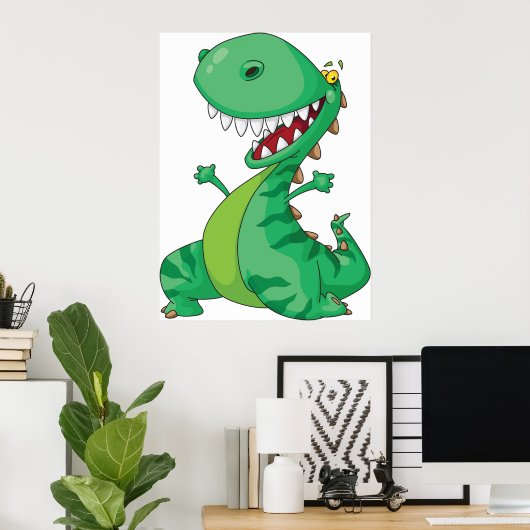 Grappige Cartoon Dinosaurus Roaring T-Rex Poster (Thuiskantoor)