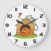 Grappige Cartoon Dog Kat en kip op hondenhok Grote Klok (Voorkant)