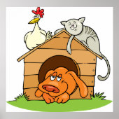 Grappige Cartoon Dog Kat en kip op hondenhok Poster (Voorkant)