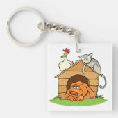 Grappige Cartoon Dog Kat en kip op hondenhok Sleutelhanger (Voorkant)