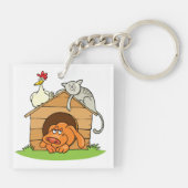 Grappige Cartoon Dog Kat en kip op hondenhok Sleutelhanger (Achterkant)