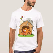 Grappige Cartoon Dog Kat en kip op hondenhok T-shirt (Voorkant)