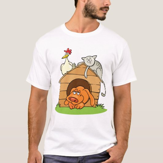 Grappige Cartoon Dog Kat en kip op hondenhok T-shirt (Voorkant)
