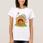 Grappige Cartoon Dog Kat en kip op hondenhok T-shirt (Voorkant)