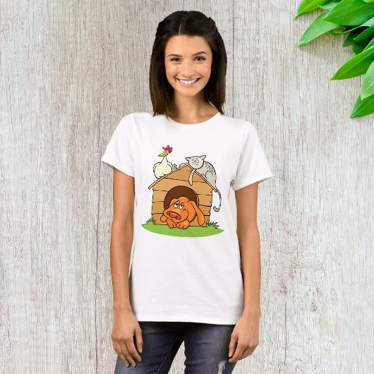 Grappige Cartoon Dog Kat en kip op hondenhok T-shirt
