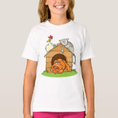 Grappige Cartoon Dog Kat en kip op hondenhok T-shirt (Voorkant)