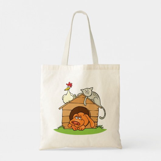 Grappige Cartoon Dog Kat en kip op hondenhok Tote Bag (Achterkant)