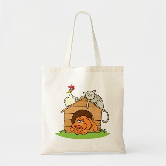 Grappige Cartoon Dog Kat en kip op hondenhok Tote Bag (Voorkant)