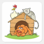 Grappige Cartoon Dog Kat en kip op hondenhok Vierkante Sticker (Voorkant)