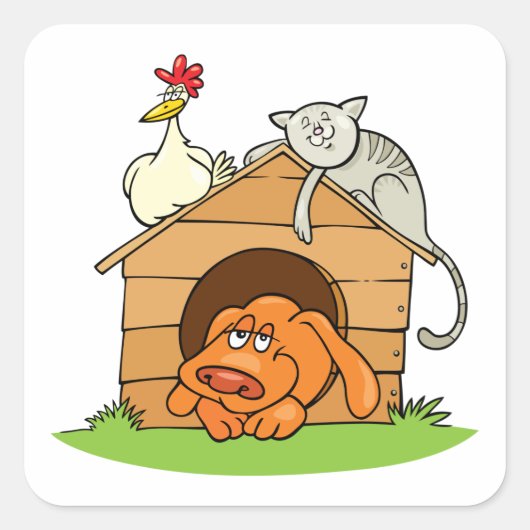 Grappige Cartoon Dog Kat en kip op hondenhok Vierkante Sticker (Voorkant)