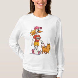 Grappige Cartoon Eend Walking Dog T-shirt – Schatt