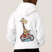 Grappige Cartoon Giraffe rijden op een motor, (Achterkant)