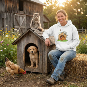 Grappige Cartoon Hond Kat en Kip op Hondenhok Hoodie