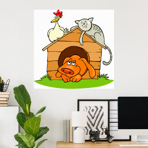 Grappige Cartoon Hond Kat en Kip op Hondenhok Poster