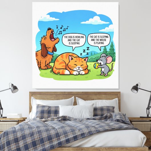 Grappige Cartoon Hond, Kat en Muis Canvas Afdruk (Insitu (Slaapkamer))