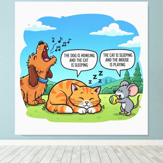 Grappige Cartoon Hond, Kat en Muis Canvas Afdruk (Insitu (Houten vloer))