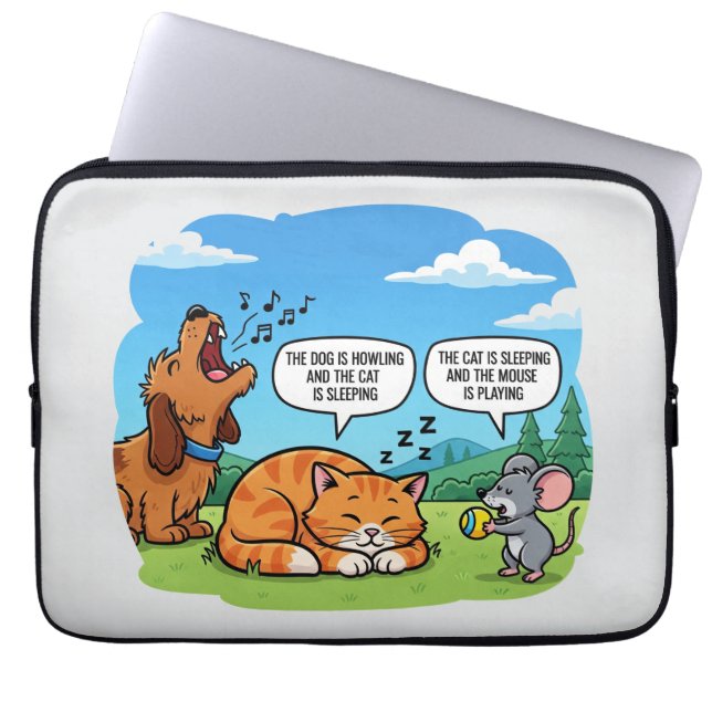 Grappige Cartoon Hond, Kat en Muis Laptop Sleeve (Voorkant)