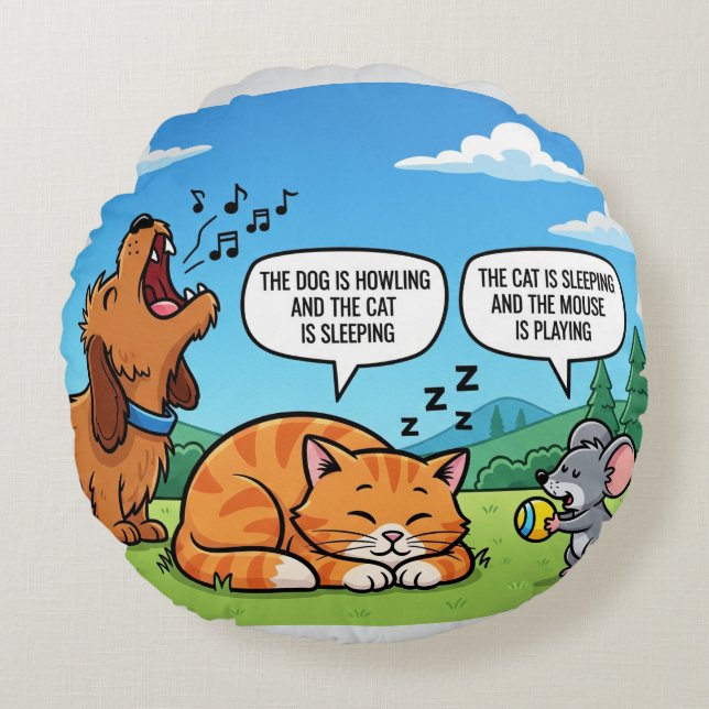 Grappige Cartoon Hond, Kat en Muis Rond Kussen (Voorkant)