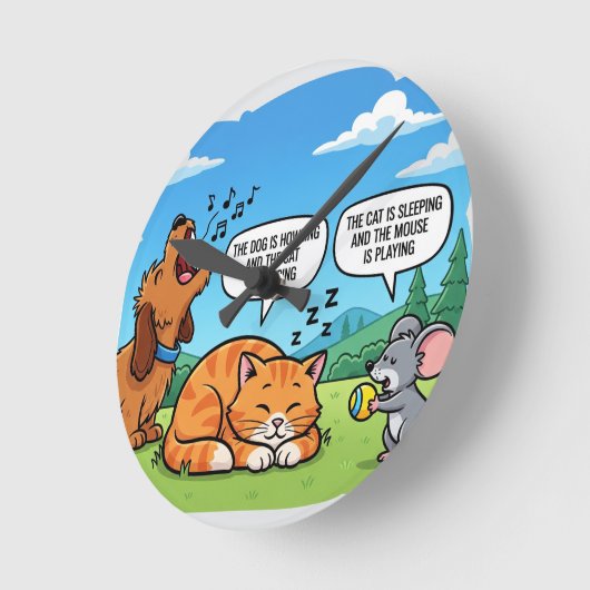 Grappige Cartoon Hond, Kat en Muis Ronde Klok (Hoek)