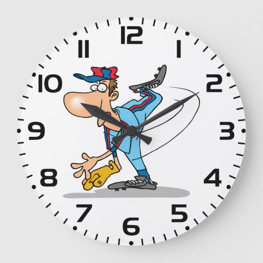 Grappige Cartoon honkbal werper gooien van een Fas Grote Klok (Voorkant)