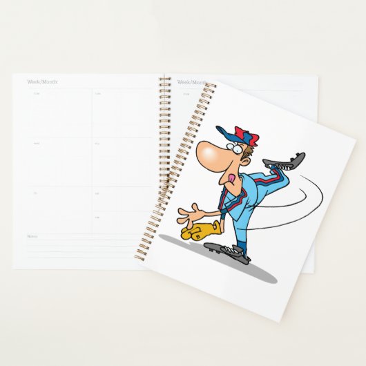 Grappige Cartoon honkbal werper gooien van een Fas Planner (Display)