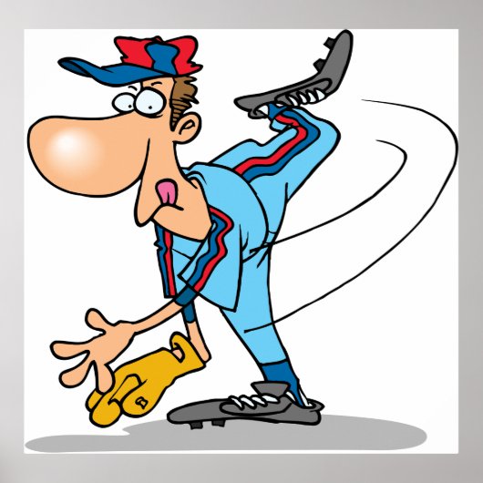 Grappige Cartoon honkbal werper gooien van een Fas Poster (Voorkant)