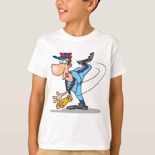 Grappige Cartoon honkbal werper gooien van een Fas T-shirt (Voorkant)