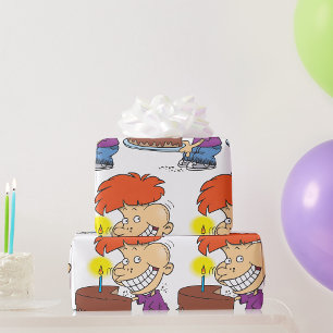 Grappige Cartoon Jongen met Chocolade Verjaardagst Cadeaupapier