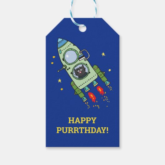 Grappige Cartoon kat in ruimteschip aangepaste tek Cadeaulabel (Voorkant)