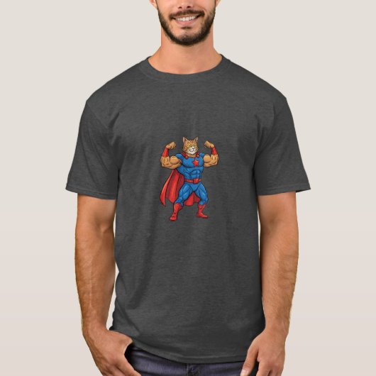 Grappige Cartoon Kat Superheld T-shirt (Voorkant)