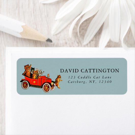 Grappige Cartoon Katten in Antiek Auto Blauw Etiket (Insitu)