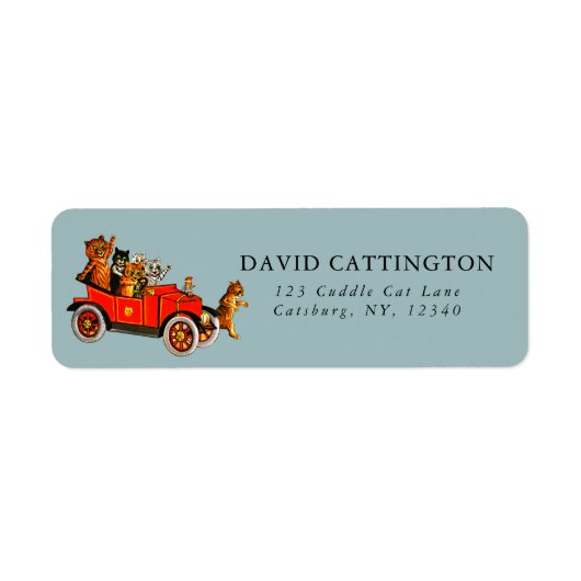 Grappige Cartoon Katten in Antiek Auto Blauw Etiket (Voorkant)