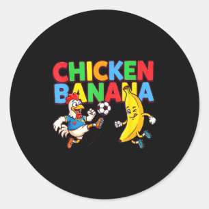 Grappige Cartoon Kip Banaan Voetbalspeler Bal Gr Ronde Sticker