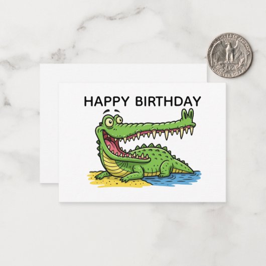 Grappige Cartoon Krokodil met Big Smile Verjaardag Notitiekaartje (Voorkant / Achterkant in situ)