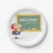 Grappige Cartoon leraar Welkom terug op school Papieren Bordje (Voorkant)