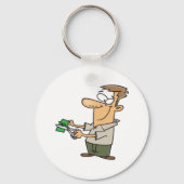 Grappige Cartoon Man die Dollarbiljet knipt Sleutelhanger (Voorkant)