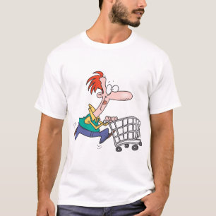 Grappige Cartoon Man Die Rent Met Winkelwagentje T-shirt