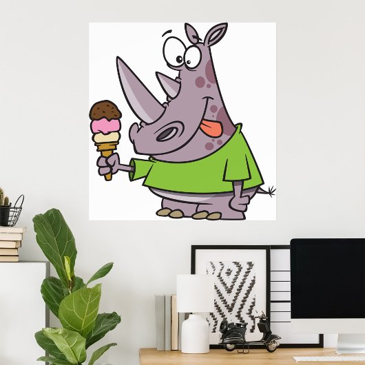Grappige Cartoon neushoorn eten Ice Cream Cute Ani Poster