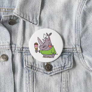 Grappige Cartoon neushoorn eten Ice Cream Cute Ani Ronde Button 7,6 Cm