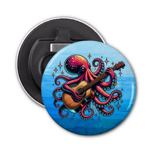Grappige Cartoon Octopus Spelen Gitaar Button Flesopener (Voorkant)
